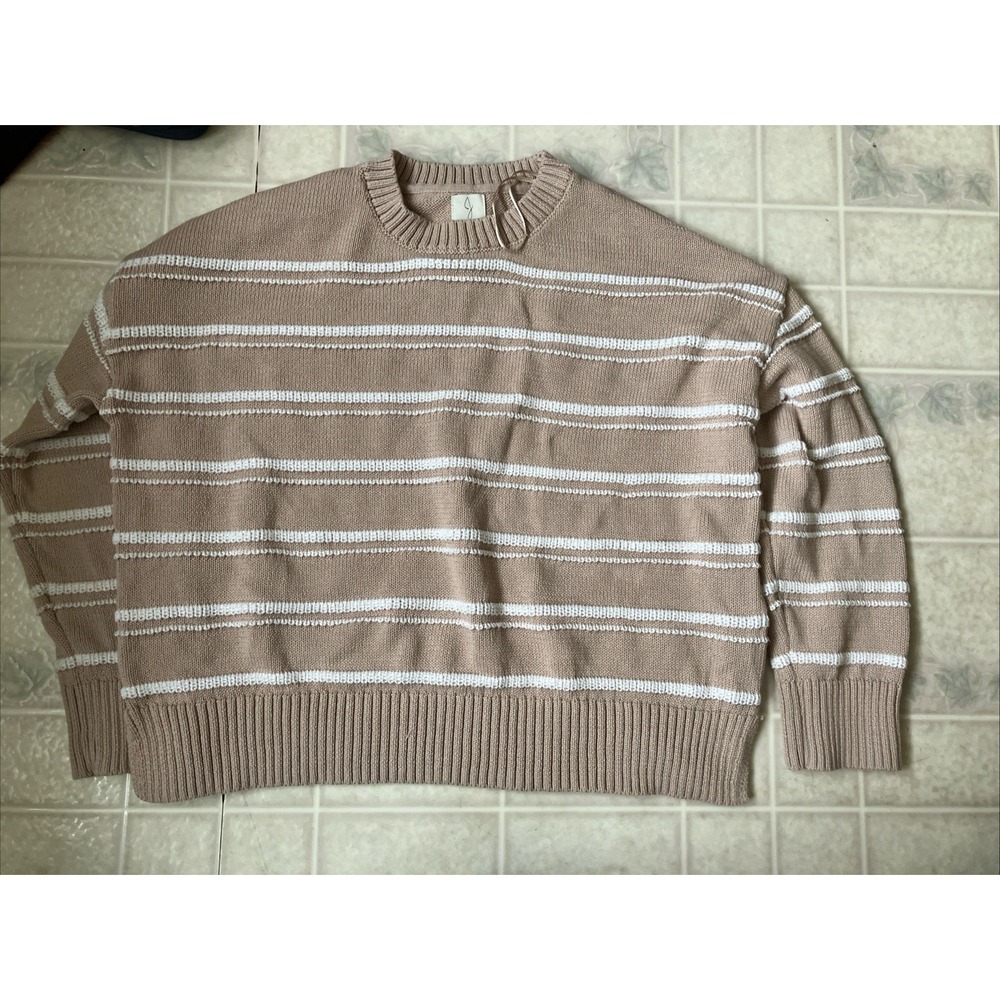 Joie Cotton Blend Sweater Fisherman‎ Medium Stripe Tan Loose Cropped Neutral